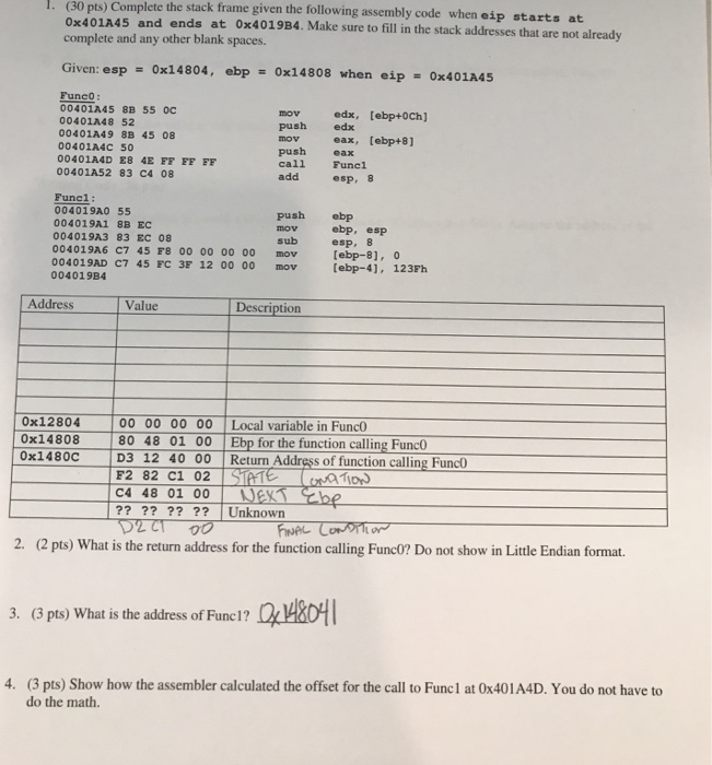  Help ASAP Complete the stack frame given the following assembly code