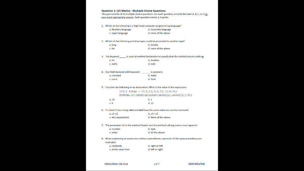  Question 1: (15 Marks) - Multiple Choice Questions This part consists