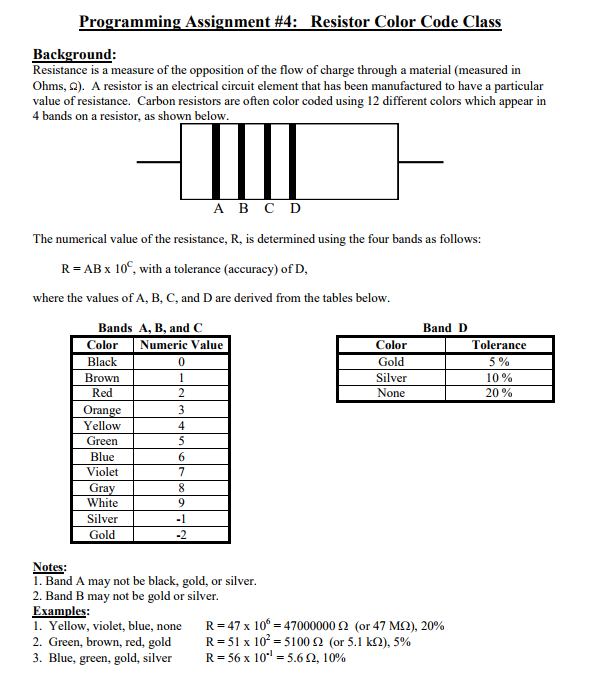  Programming Assignment #4: Resistor Color Code Class Background: Resistance is a