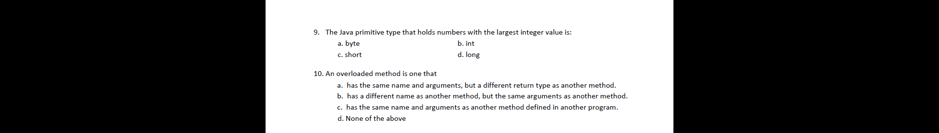 of 10 multiple choice questions. For each question, encircle the label A,