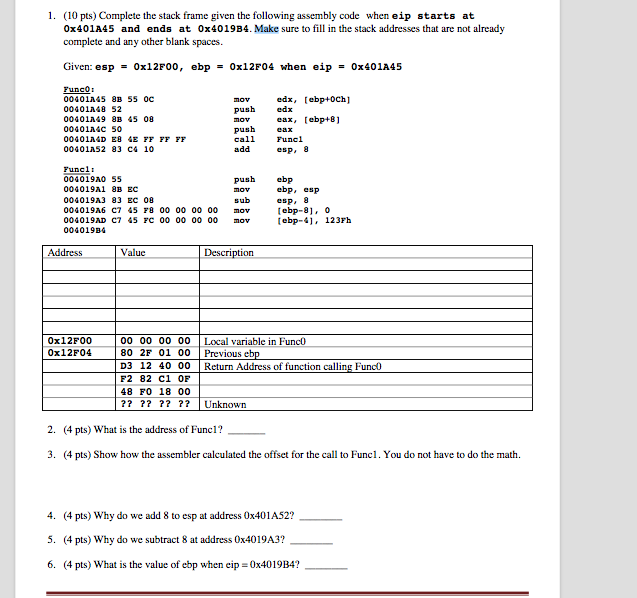 Hwlp with Computer Organziation / assembly code Complete the stack frame given