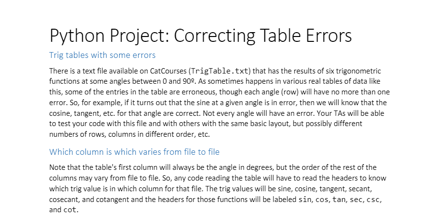  Python Project: Correcting Table Errors Trig tables with some errors There