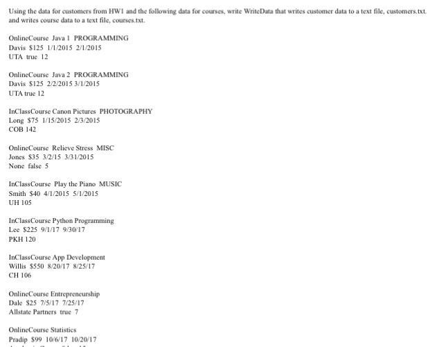 2/1/2015 UTA true 12 OnlineCourse Java 2 PROGRAMMING Davis $125 2/2/2015 3/1/2015