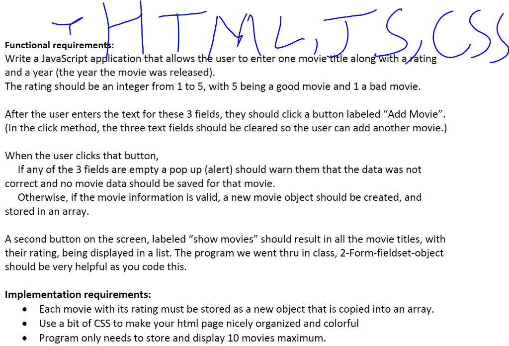  CSS Functional requirements: Write a JavaScript application that allows the user