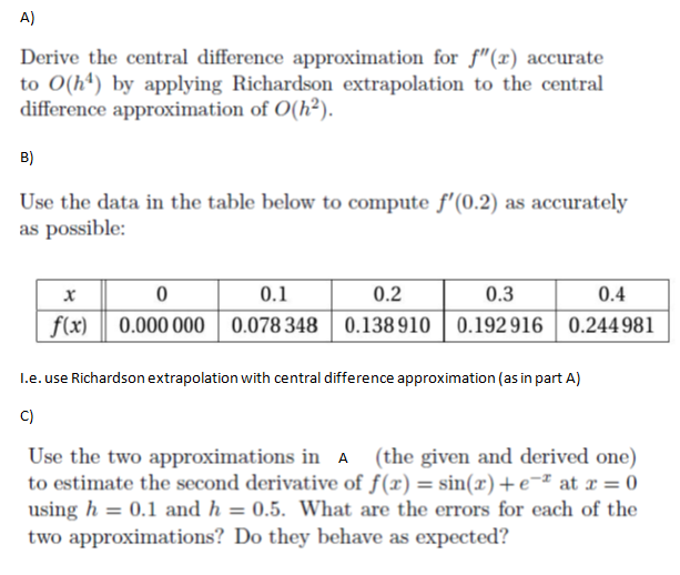 A) Derive the central difference approximation for f"(x) accurate to O(h)