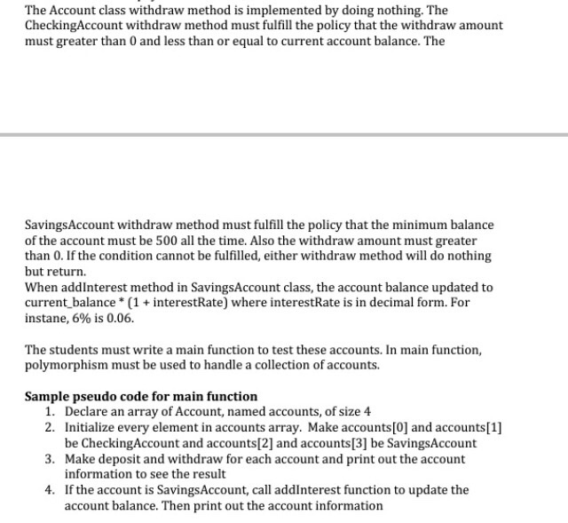double) +setBalance(balance:double):void +getBalance0:double +setld(id:int):void +getld0:int +deposit(amount:doube): void +withdraw(amount:double):void +toStringn:Strin CheckingAccount +withdraw(amount:double):void +toString0:string