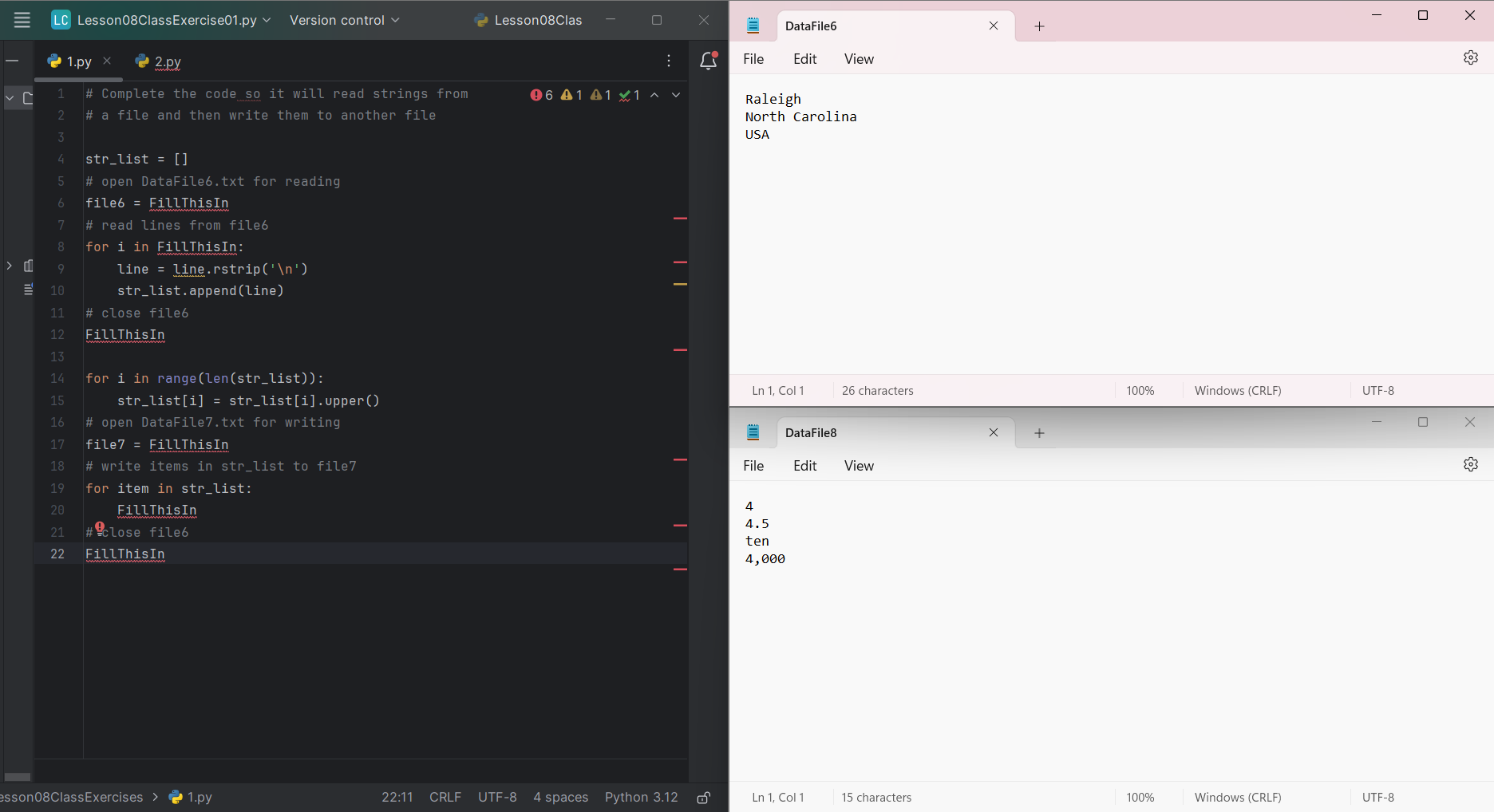  Complete the code so it will read strings from a file