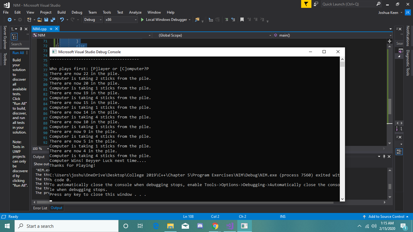 C++ NIM code where you take sticks and you can choose between