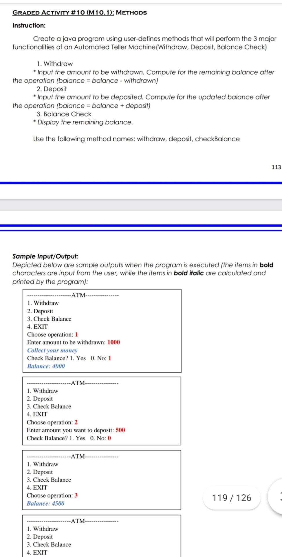  GRADED ACTIVITY #10 ( M10.1): METHODS Instruction: Create a java program
