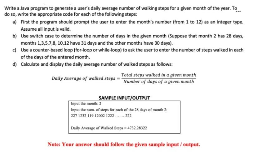  Write a Java program to generate a user's daily average number