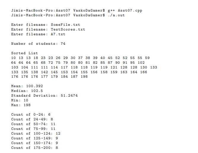 students' test scores in the range 0- 200. It should determine the