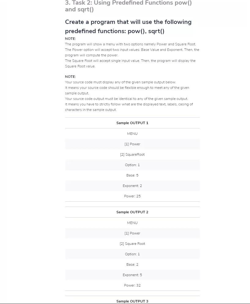 c program 3. Task 2: Using Predefined Functions pow() and sqrt() Create