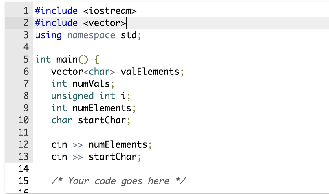 input character startChar, resize valElements to numElements. Then, assign the elements of