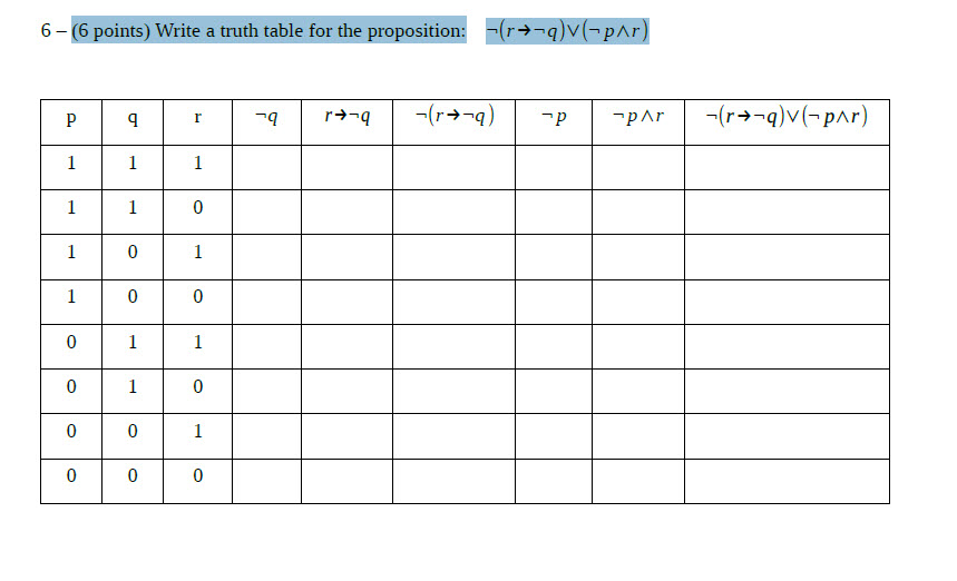  Write a truth table for the proposition: (r rightarrow q) logicalor