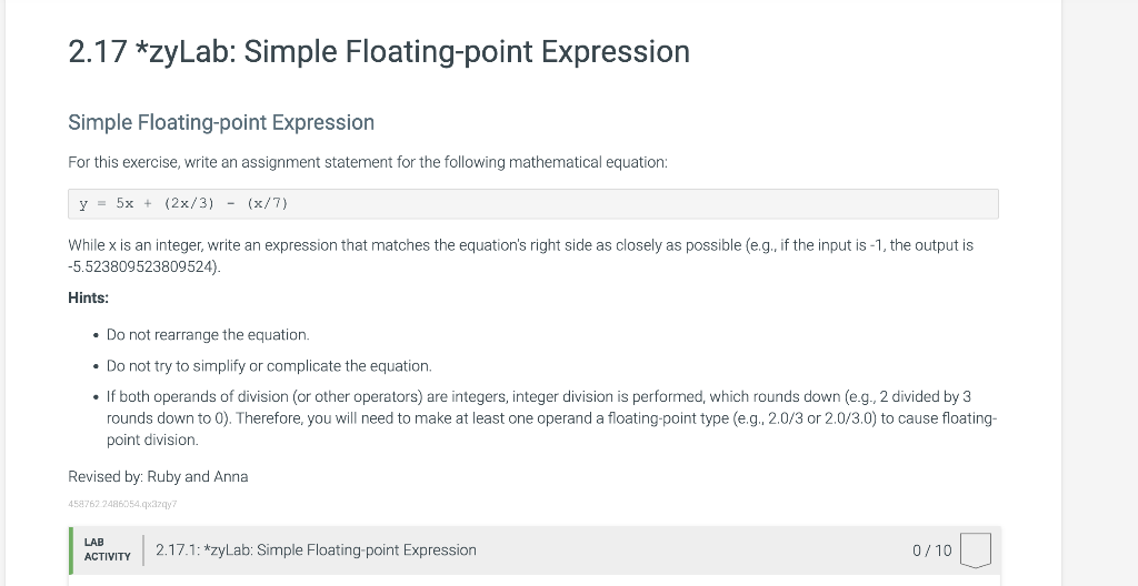 2.17 *zyLab: Simple Floating-point Expression Simple Floating-point Expression For this exercise,