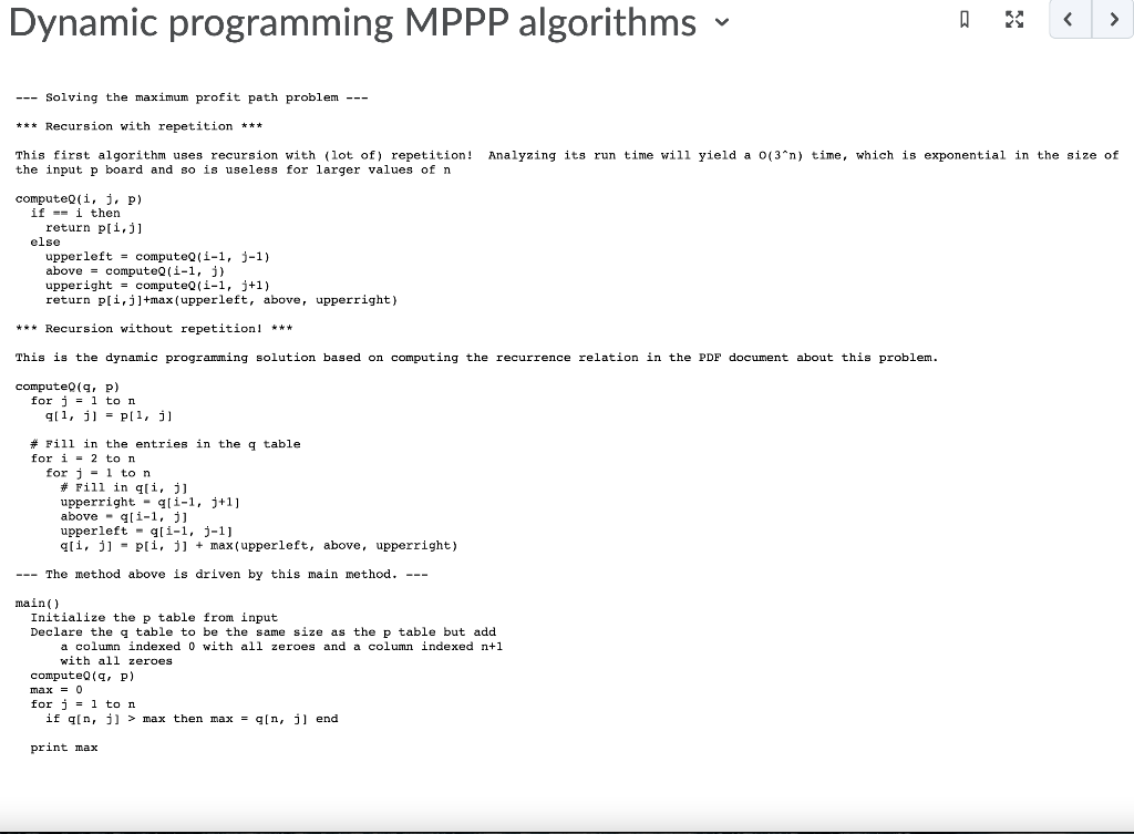 "Dynamic program max profit path problem (MPPP)", a PDF document, and "Dynamic