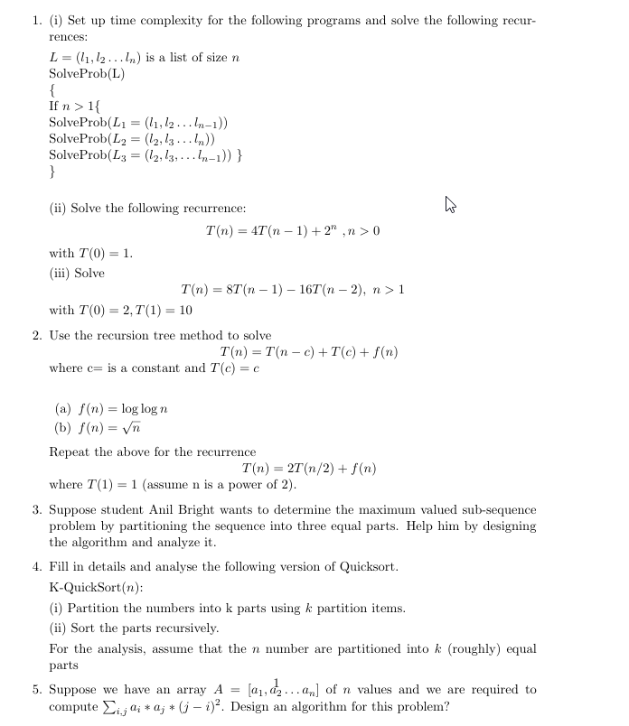  Set up time complexity for the following programs and solve the