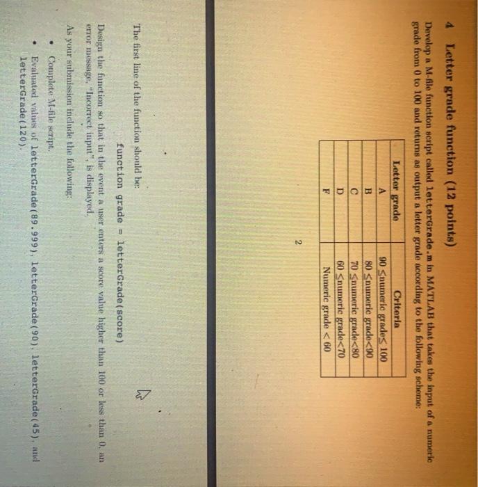  4 Letter grade function (12 points) Develop a M-Aile function script