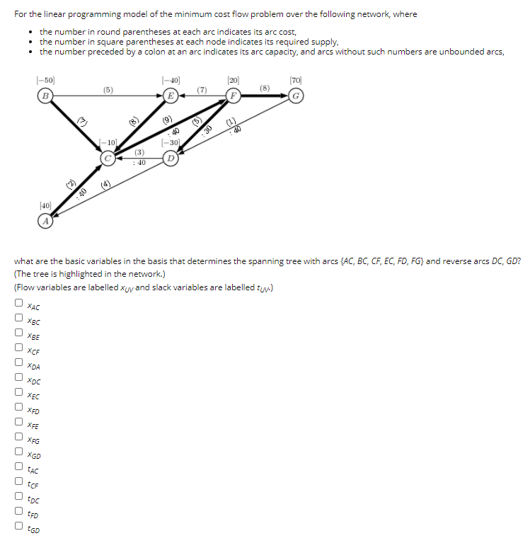  For the linear programming model of the minimum cost flow problem