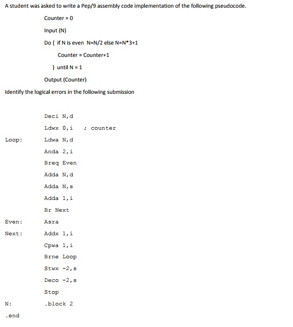  A student was asked to write a Pep/9 assembly code implementation