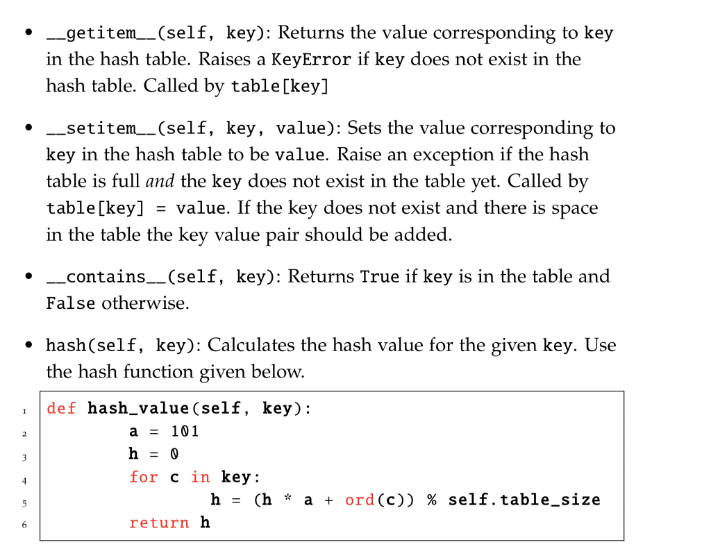 to resolve collisions. Include implementations for the following 4 functions