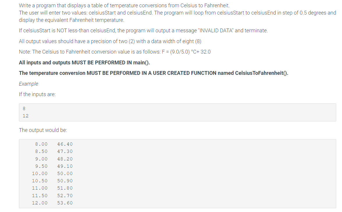 C++ Please Write a program that displays a table of temperature conversions