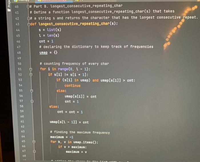 code: Part B (longest_consecutive_repeating char) now needs to account for the edge