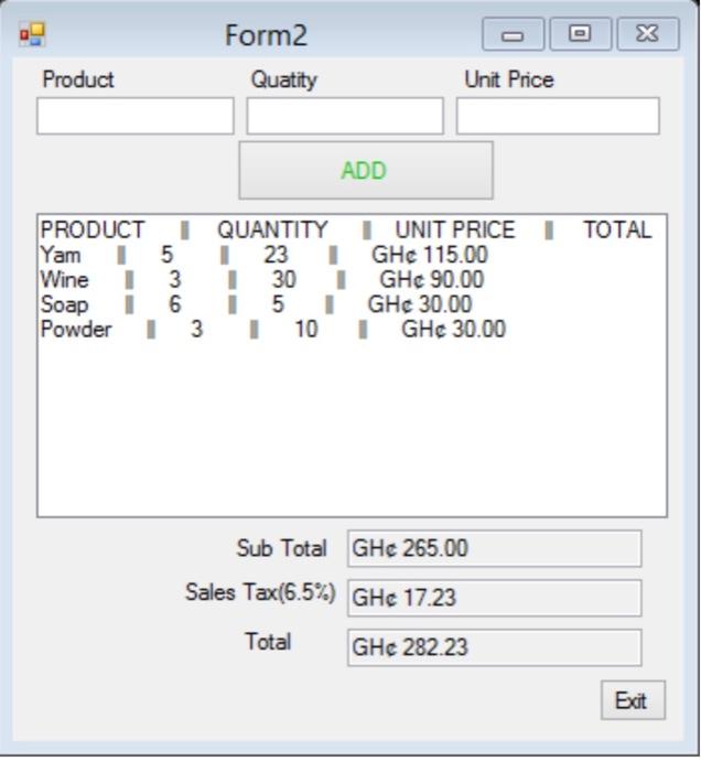 Sales Receipt SubTotal Sales Tax Total Exit Invoice Item Price ADD \begin{tabular}{llc}