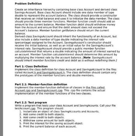 Please show it in C++. Thank you! Problem Definition Create an