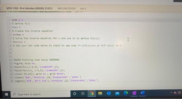 MTH 1103 - Pre Calculus (202020 21221) MATLAB 202020 Lab In this