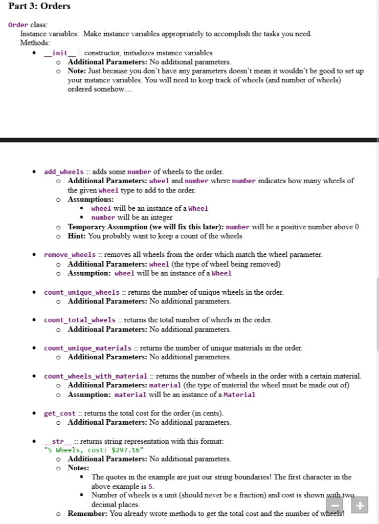  Part 3: Orders Order class Instance variables: Make instance variables appropriately