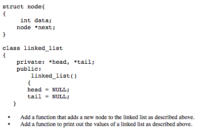  In C++ programming language struct node( int data; node *next; class