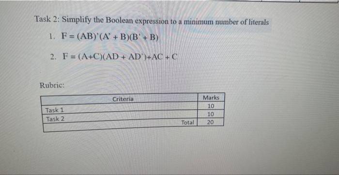  Task 2: Simplify the Boolean expression to a minimum number of