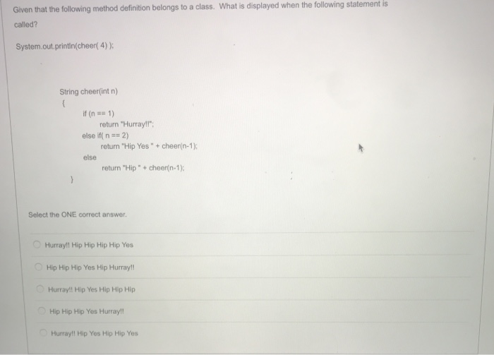 called? ystem.out.printin("The result is"+evaluate( 5) ); 54321 543210 21 15 The code