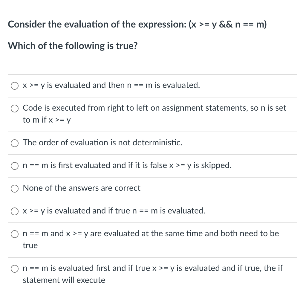 Consider the evaluation of the expression: (x >= y && n