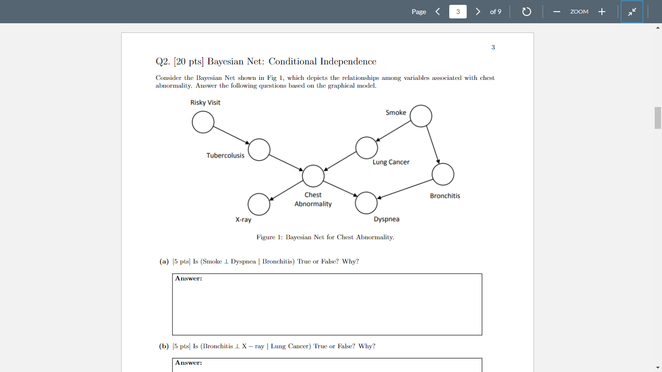  Q2. [20 pts] Bayesian Net: Conditional Independence Consider the Bayesian Net