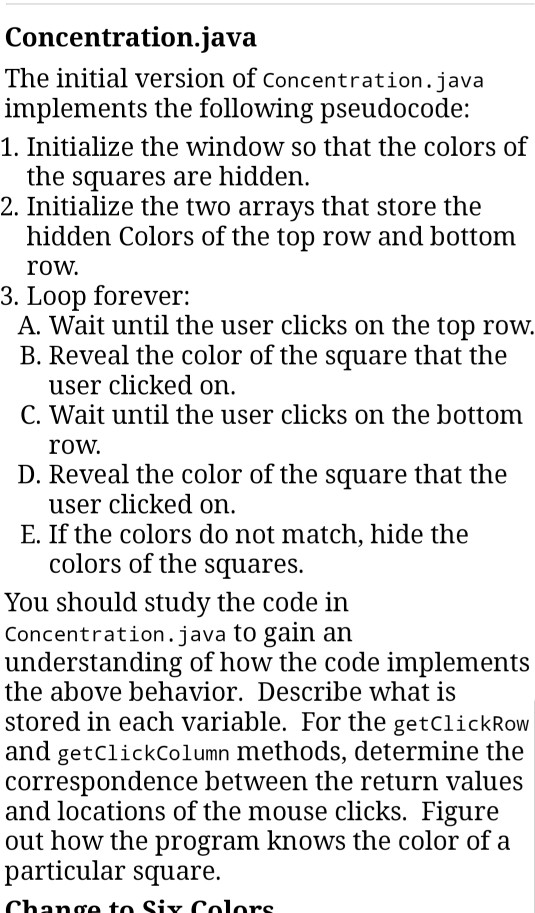 the user to play a version of Concentration. In this version, the