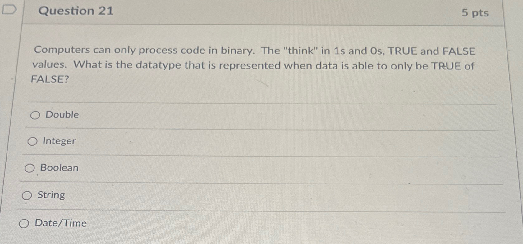  Question 21 5 pts Computers can only process code in binary.
