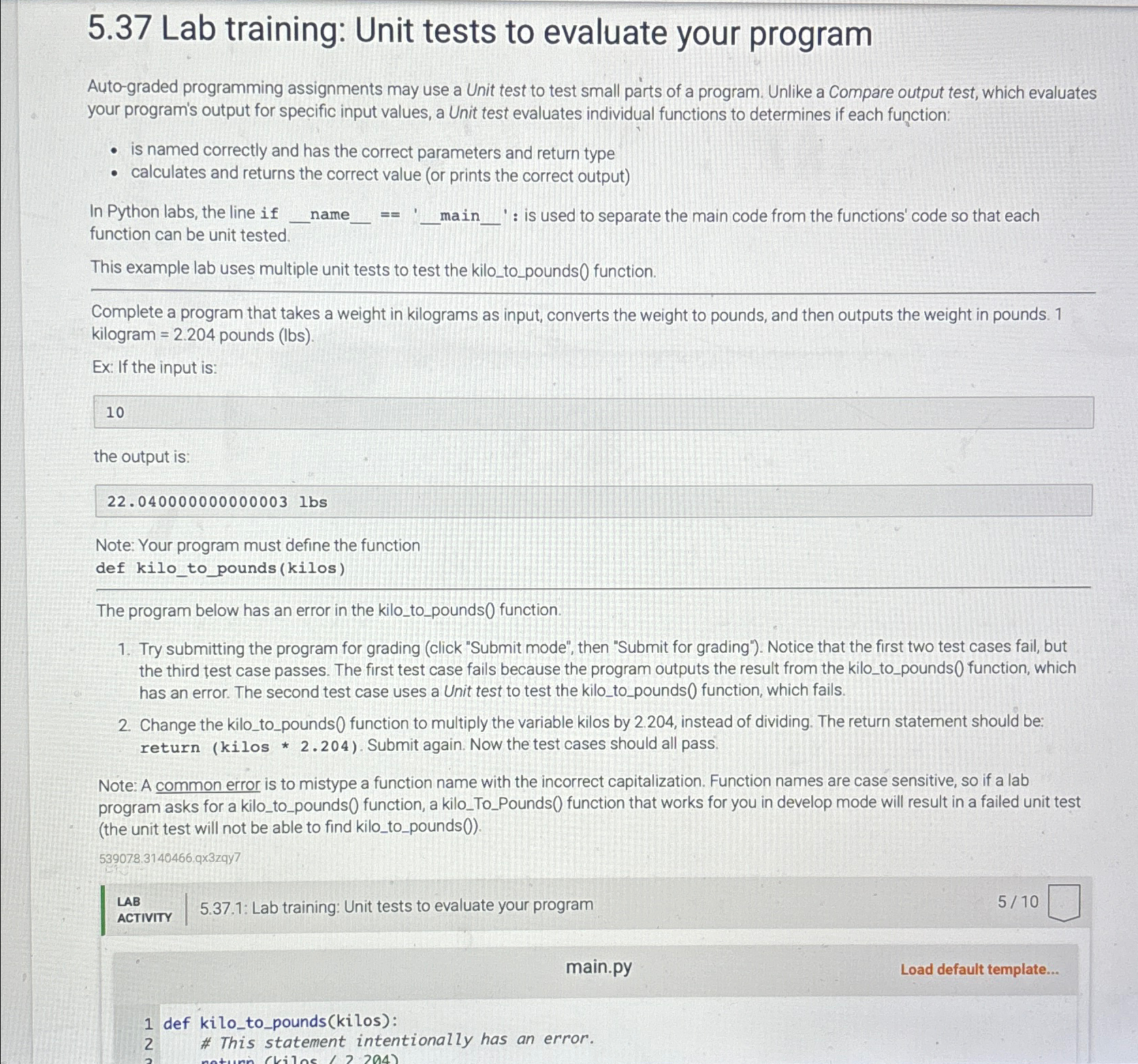  5.37 Lab training: Unit tests to evaluate your program Auto-graded programming
