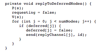 is deleted from the method replyToDefferedNodes and the V(s) in thread handleRequests