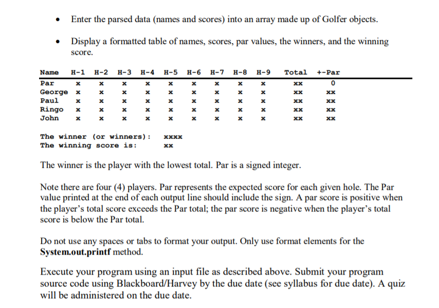 includes instance fields, methods and a constructor for a single Golfer as