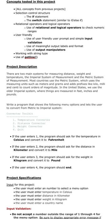  Concepts tested in this project (ALL Concepts from previous projects) Selection