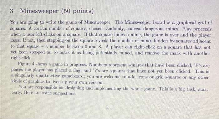  Java please 3 Minesweeper (50 points) You are going to write