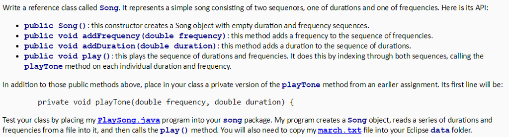 Need help with Java coding problem: playTone: PlaySong.java: march.txt: 0.25 195.998 0.10