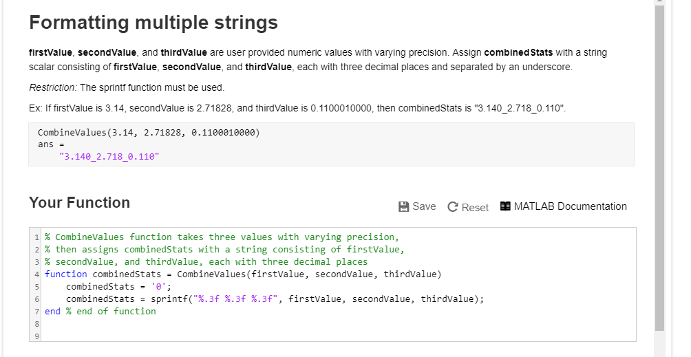  Using Mathlab Formatting multiple strings firstValue, secondValue, and thirdValue are user