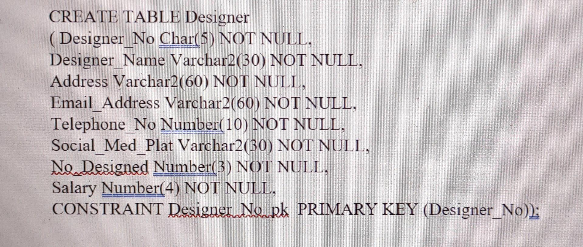 . CREATE TABLE Customer (Customer No Char(5) NOT NULL, Customer_Name Varchar2(30) NOT