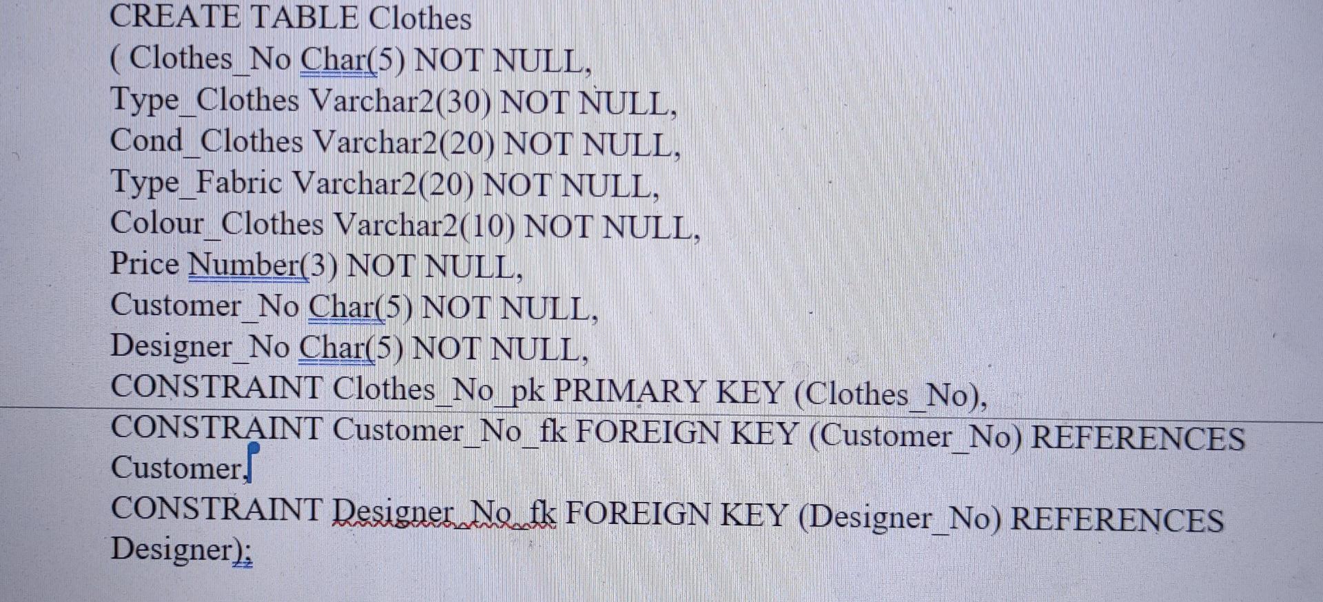 NULL, Gender Char(1) NOT NULL, Address Varchar2(60) NOT NULL, Email Address Varchar2(60)