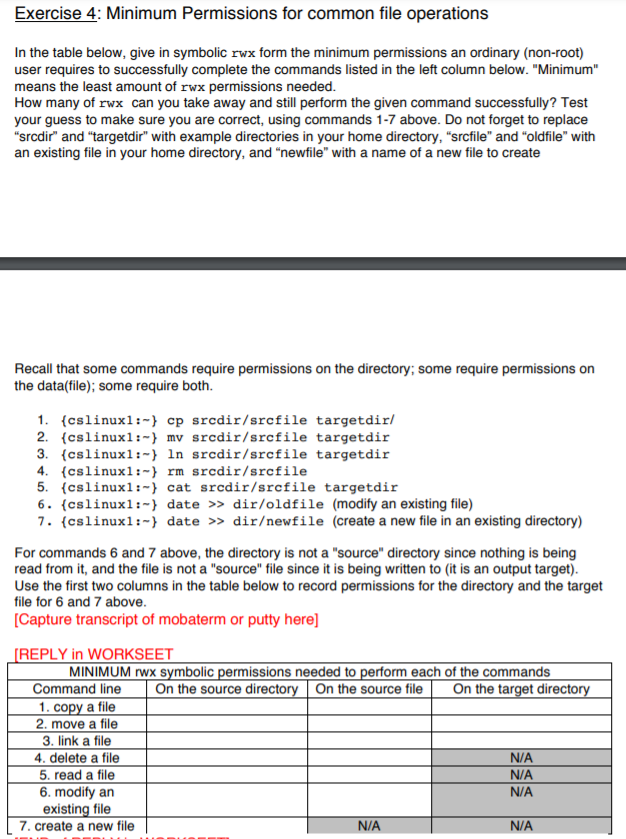  Exercise 4: Minimum Permissions for common file operations In the table
