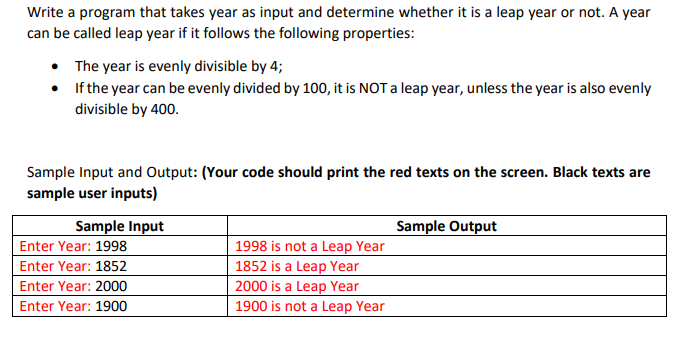 Program written in C Write a program that takes year as input