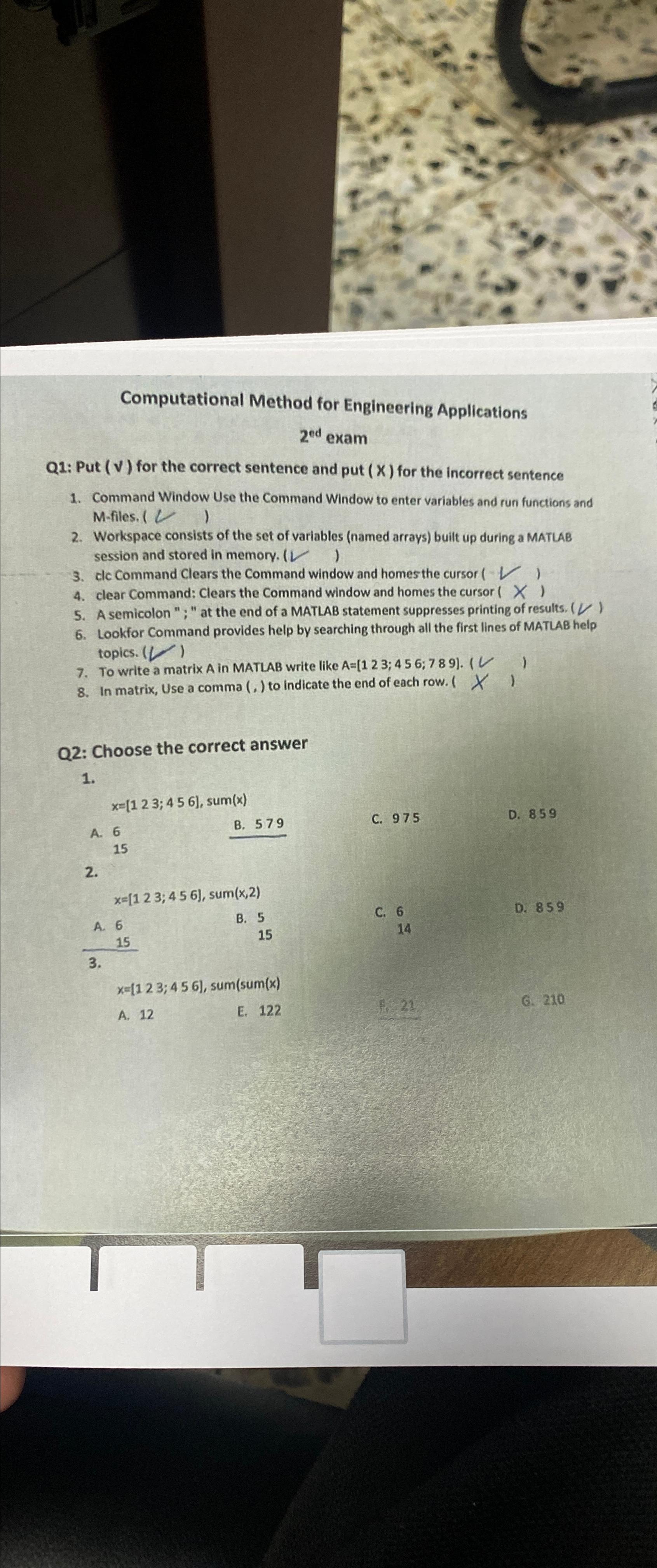  Computational Method for Engineering Applications 2ed exam Q1: Put (v) for